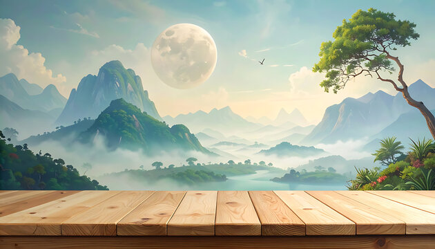 Misty mountain landscape with large full moon and foreground wooden table, pixel art style, tranquil, serene, nature scene