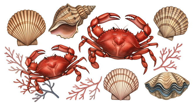 Watercolor illustration of crabs, shells and coral on white background for ocean theme