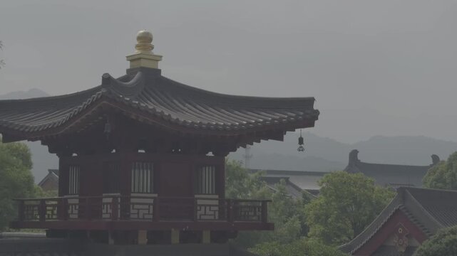 4K resolution static shot of traditional ancient Chinese pagoda architecture temple building roof, Lushan scenic area