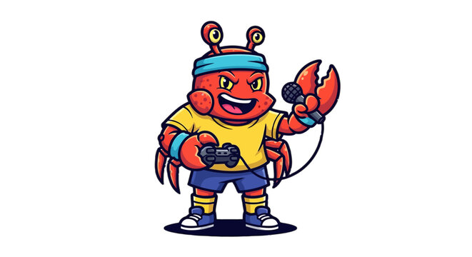 Cute Cartoon Lobster Playing Video Games Joyfully.