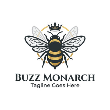 Majestic logo design featuring a honey bee wearing a crown, with finely detailed wings and a black and gold color palette, representing leadership and quality.