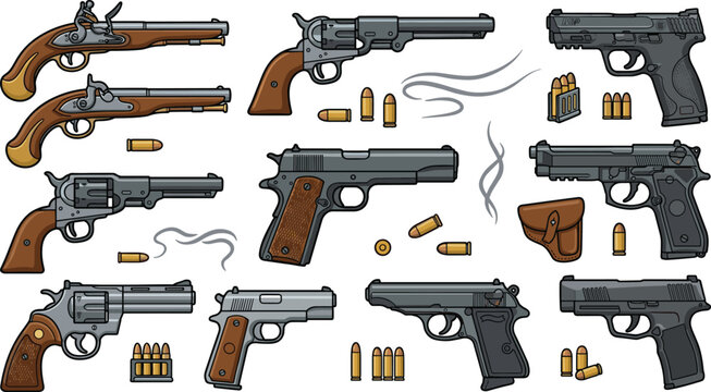 Vintage and Modern Handgun Vector Icon Set with Revolvers Pistols Flintlocks Bullets and Holster for Weapon History and Security Designs