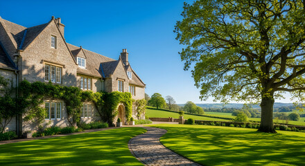 Fototapeta premium Stately english country manor house with lush garden and large tree