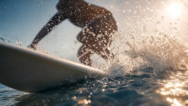 Surfer Riding Wave: A dynamic shot of a surfer skillfully riding a breaking wave, captured in a moment of intense action and exhilaration.