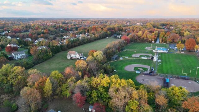 Aerial view of colorful autumn neighborhood in Garnet Valley, Pennsylvania suburb near Philadelphia