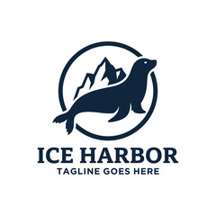 A serene marine-themed logo featuring a seal silhouette set against jagged icy peaks, ideal for arctic adventure tourism, oceanic conservation groups, or cold-climate apparel brands. © Glass