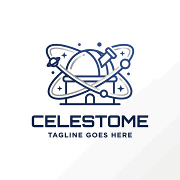 Stylized blue outline logo of a space observatory with atomic orbits and stars, perfect for science, astronomy, or tech brands.