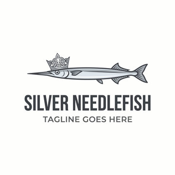 Sleek needlefish wearing a tiny crown, symbolizing speed and leadership. Ideal for seafood restaurants, fishing gear, or coastal resorts.