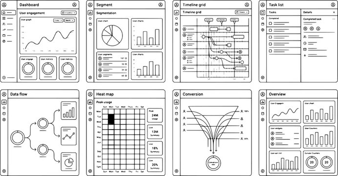 Isolated Black Line Art Bento Analytics Dashboard Wireframes Sheet, "Created with AI assistance and manually refined."
