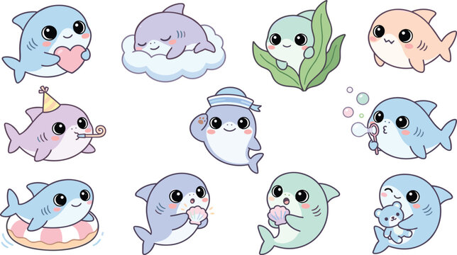 Adorable Pastel Baby Shark and Fish Characters with Heart Cloud Seaweed Party Hat Sailor Cap and Toy Cute Collection Set