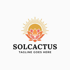 Vibrant geometric cactus flower logo with radiant sun rays, suitable for desert-themed resorts, organic skincare, or bright modern lifestyle brands. © Stylee