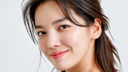 Naklejka premium Portrait of a young Asian woman with a gentle smile, soft lighting, and natural beauty for diverse commercial use