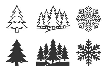 Obraz premium Set of pine tree and snowflake symbols in black and white.