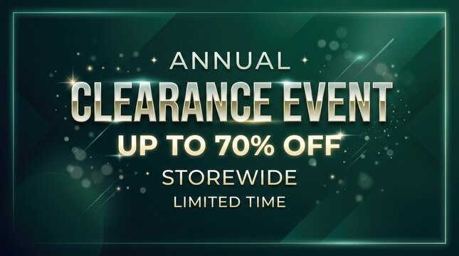 Annual Clearance Event banner, luxury emerald green sale background with 70 percent off text, elegant storewide promotion poster isolated PNG with Transparent Background