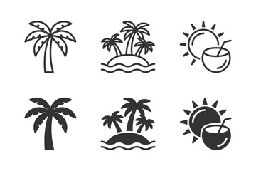 Obraz premium Tropical icon set featuring palm trees, island, sun, and coconut designs.