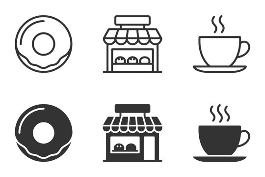 Set of donut, bakery, and coffee icons in black and white.