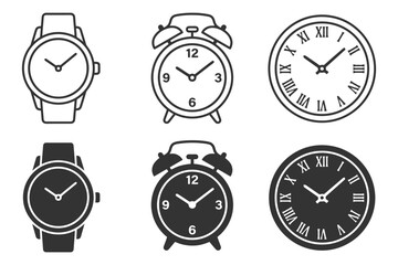 Fototapeta premium Variety of clock designs featuring analog and alarm clocks with roman and numeric dials.