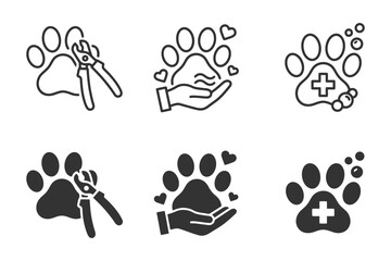 Fototapeta premium Pet care icons: grooming, healthcare, and love symbols with paw prints.