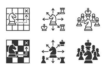 Obraz premium Chess strategy icons featuring knight movement and game planning diagrams.