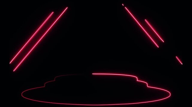 Abstract red neon stage background with glowing podium for product display featuring dynamic light lines and futuristic circular platform elements for modern presentation studio visuals.