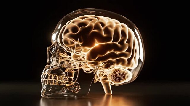 A glowing human skull with a visible brain, encased in a transparent dome on a dark background