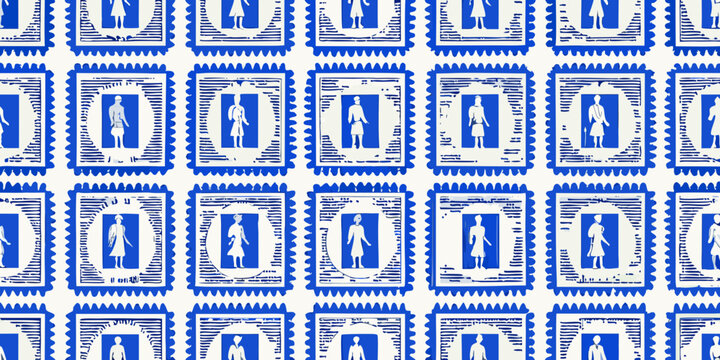 Repeating pattern of blue and white postage stamps with female figure