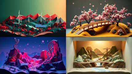 Obraz premium Four stylized landscapes. Windmills, cherry blossoms, dna helix, mountains, river present. Bright colors, geometric shapes dominate scenes.