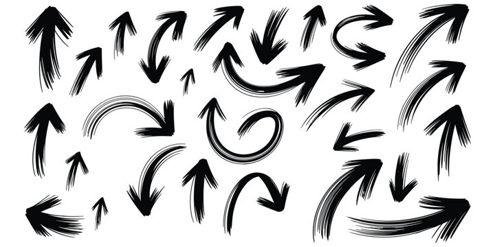 Hand drawn black brush arrow set with various directions and curves for infographic and navigation