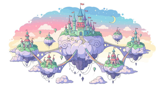 Magical Floating Castles in Pastel Sky