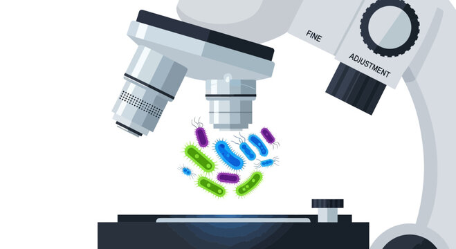 Microscope viewing colorful bacteria and germs on slide