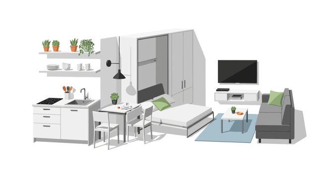 Modern studio apartment interior design, compact living space