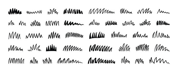 Grass line doodle vector, outline meadow and grassland sketch, black hand drawn brush stroke texture for garden lawn pattern, natural herb field decorative isolated element design. © AYAT002