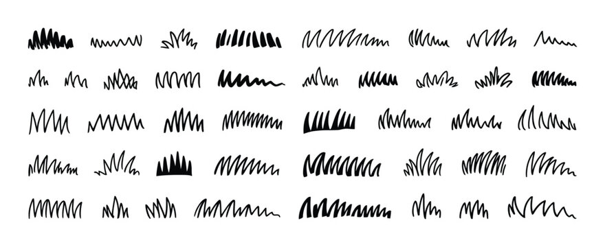 Grass line doodle vector, outline meadow and grassland sketch, black hand drawn brush stroke texture for garden lawn pattern, natural herb field decorative isolated element design.