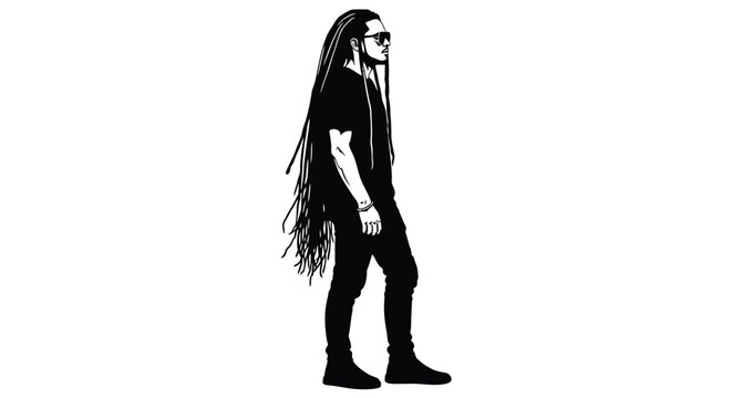Minimalist black and white vector illustration of a stylish man with very long flowing dreadlocks