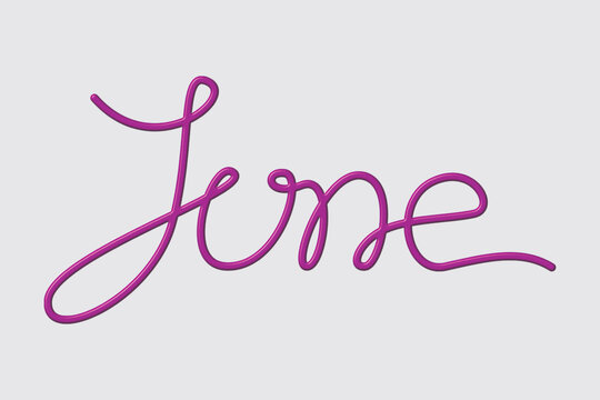 Purple neon cursive lettering text june script isolated on white background