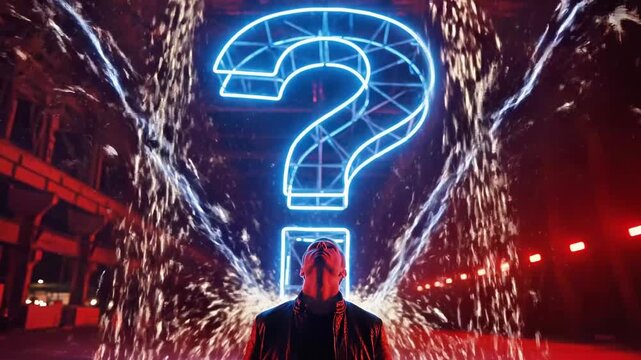 A man stands under a glowing blue question mark amidst sparks