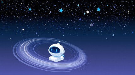 Obraz premium Charming cartoon robot adrift in a vibrant starry nebula, surrounded by glowing rings