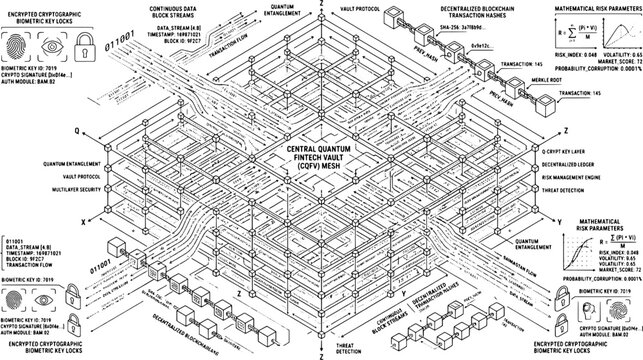 Isolated Black Line Art Cryptographic Block Hashes and Biometric Data Protection Blueprint, "Created with AI assistance and manually refined."
