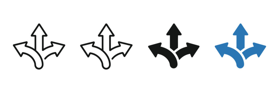 Direction arrow icon with multiple paths, decision choice symbol for planning strategy, alternative routes, business growth navigation and progress development pictogram concept design.