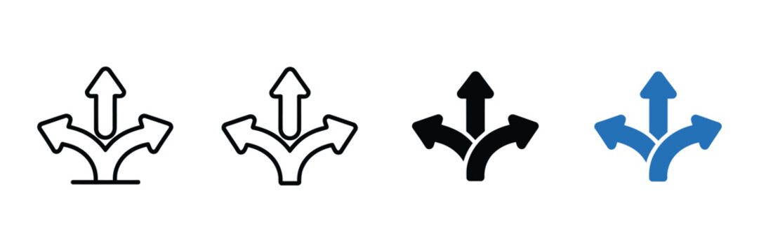 Direction arrow icon with multiple paths, decision choice symbol for planning strategy, alternative routes, business growth navigation and progress development pictogram concept design.