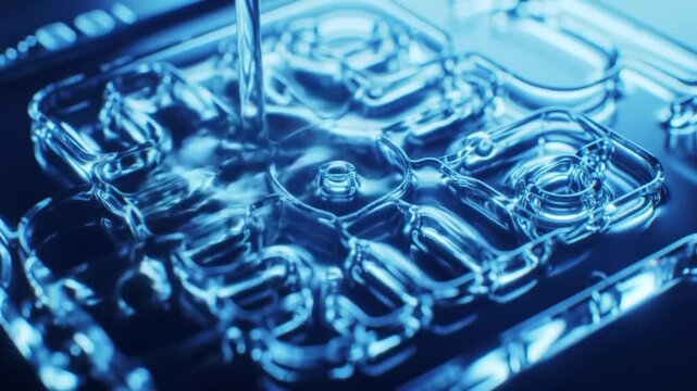 Microfluidic device channels display flowing blue liquid through a complex transparent laboratory chip architecture for scientific research and chemical analysis.