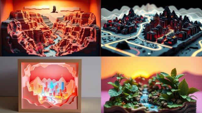 Layered papercraft scenes depict diverse landscapes. Canyon, city, forest, dark fortress illuminated beautifully. Intricate details present artistic skill.