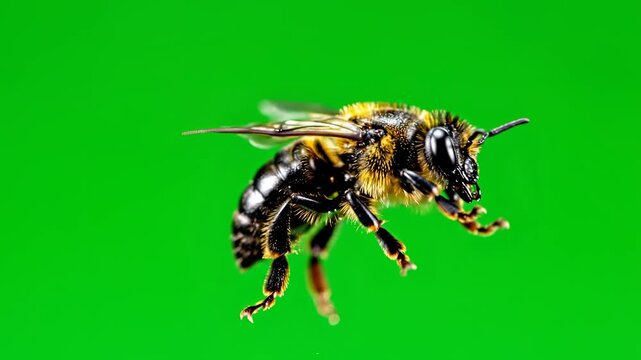 Closeup Macro Shot of a Honey Bee in Flight Against a Green Screen Background.