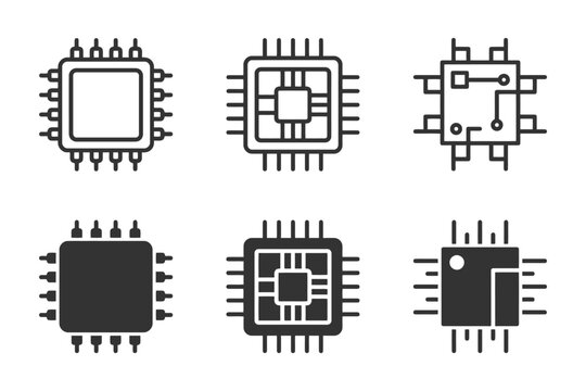 Set of six microchip icons: circuit designs and chipset patterns.
