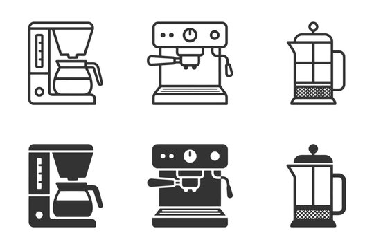 Coffee maker icons: espresso machine, french press, drip coffee maker collection.