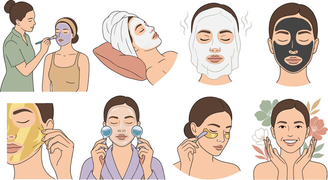 Woman Facial Skincare Treatment Set with Clay Charcoal Gold Sheet Mask Ice Roller Eye Patch and Spa Beautician Beauty Collection