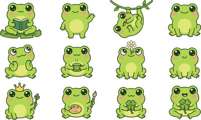 Obraz premium Cute Kawaii Green Frog Character Set Reading Hanging Drinking Tea Crown Painting Clover Flower and Different Poses Collection
