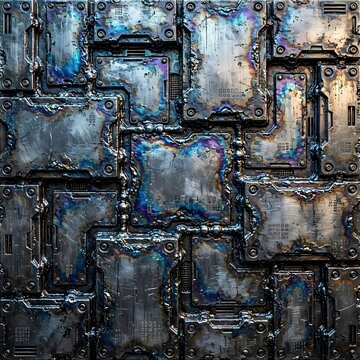 Seamless texture of cyber-gothic liquid metal welded joints, industrial burned titanium steel plates with chaotic welded lines