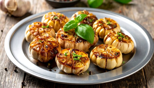 Roasted garlic heads on a platter