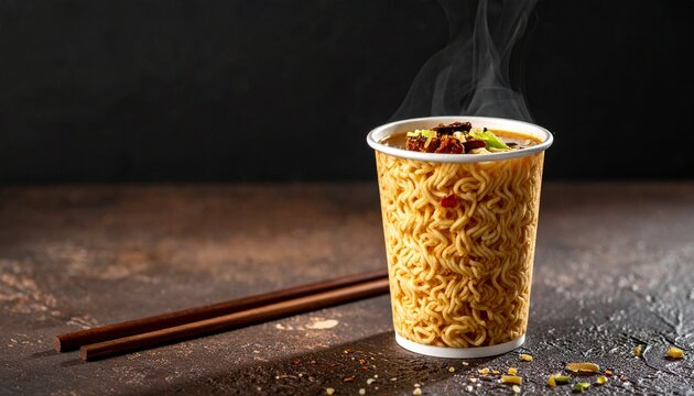 Steaming hot cup of noodles with chopsticks and toppings, a delicious and quick meal perfect for any time